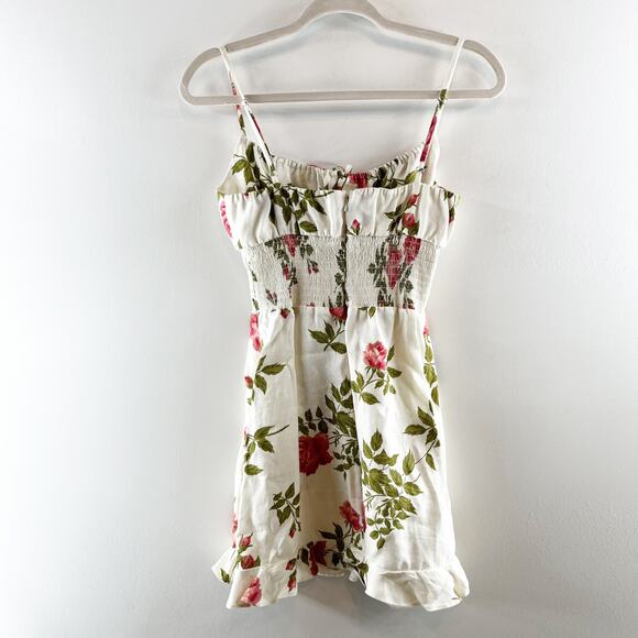 Reformation Rosemary Floral Print Linen Smocked Waist Mini Dress White 4 - Picture 5 of 10